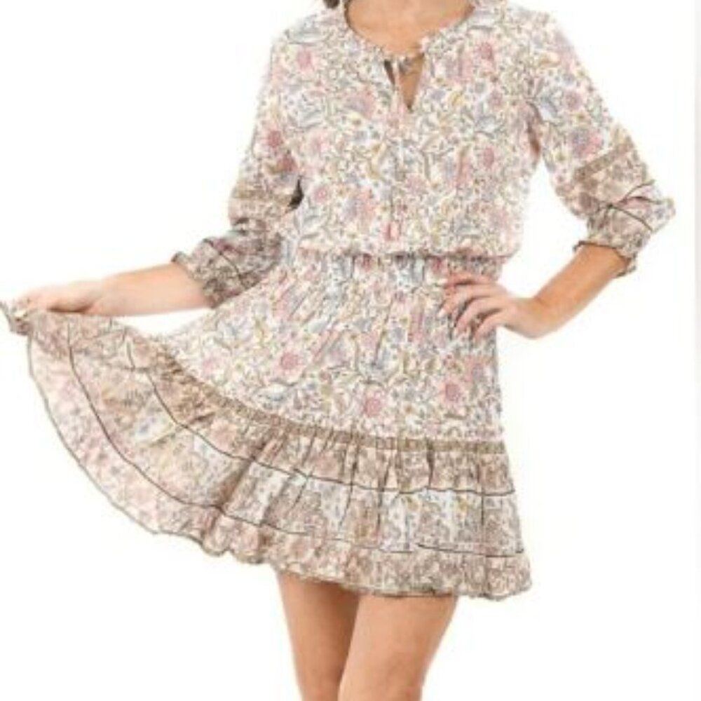 WALKER & WADE Ibiza X-Small Floral Print Mini Dress Pink Brown Ruffle Neutral